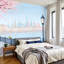 Papier peint adhésif auto-adhésif moderne pour la chambre à coucher Cherry Blossom Pier City Skyline Pastel-731911702
