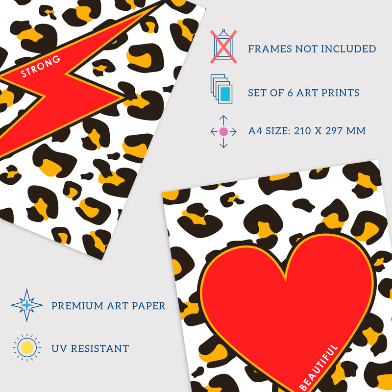 Red Orange Leopard Pattern Bold Shapes Typography - 6 Piece No Frame Print Set, 29.7cm H x 21cm W x 0.4cm D