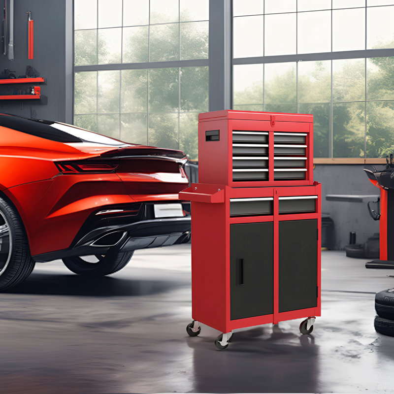Coffre à outils, armoire de rangement à outils à 5 tiroirs avec plateau à outils amovible, doublure, roues verrouillables universelles, tablette réglable, mécanisme de verrouillage, chariot à outils en métal pour atelier de garage
