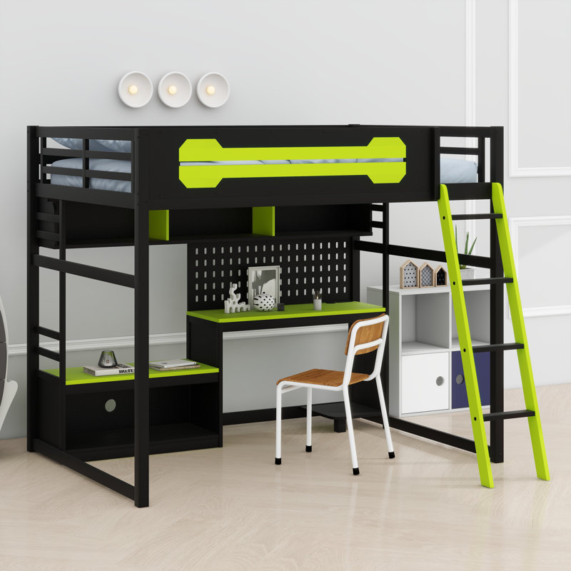 Lit mezzanine en bois avec bureau, Noir/vert