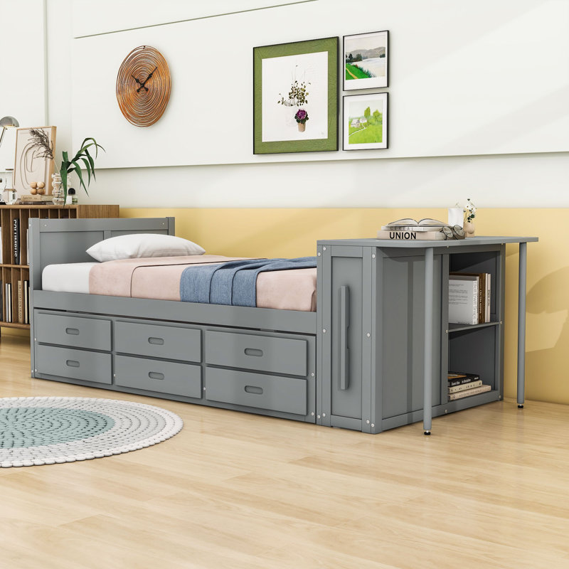 Lit plateforme simple en bois 3 tiroirs avec bureau intégré et lit gigogne, gris