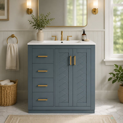 Ensemble de meuble-lavabo 30 po avec lavabo en céramique, armoire de rangement en bois massif, ensemble de meuble-lavabo autoportant avec 3 tiroirs et portes à fermeture douce