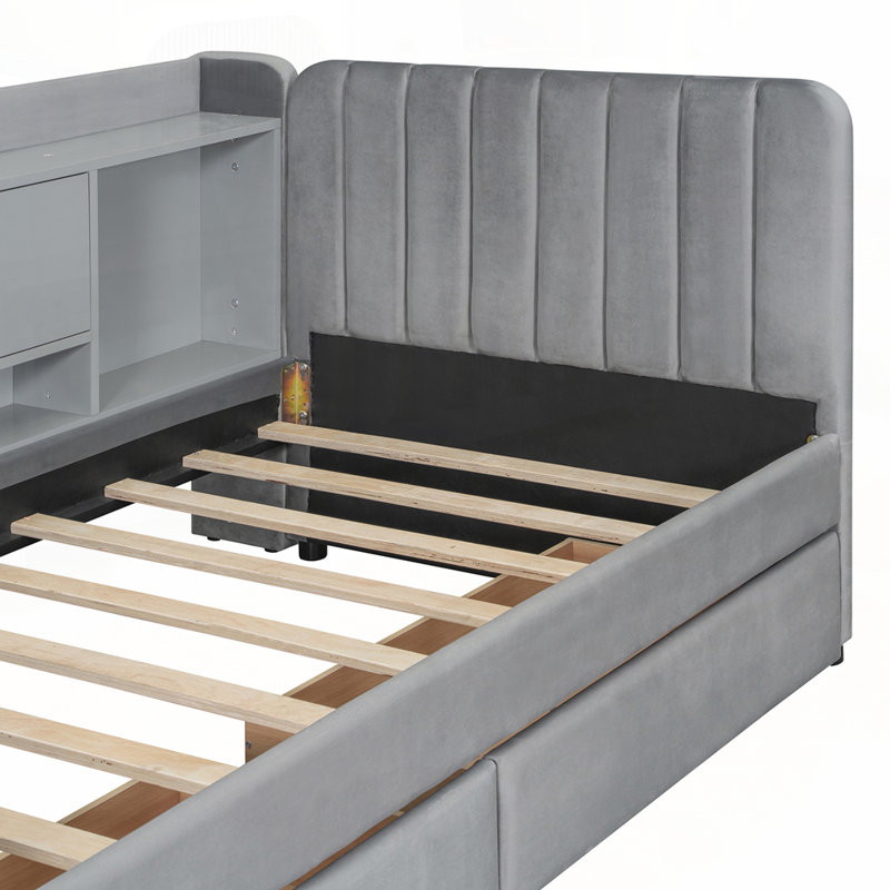 Lit de jour rembourré polyvalent avec plusieurs options de rangement et table d'appoint, gris