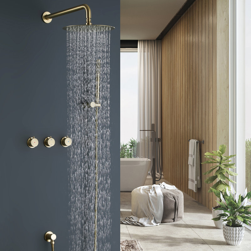 Rain Shower System Set 3 Cross Knobs Mixing, 10 Inch Rainfall Shower Head with Handheld Spray with Rough-in Valve, Gold