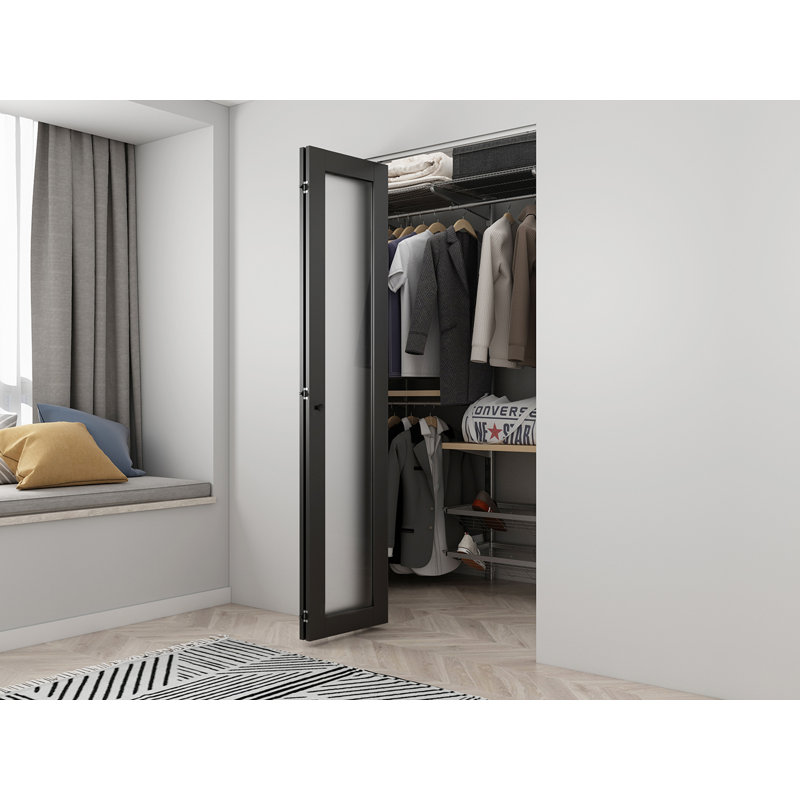 36 in. x 80 in. Full Lite Frosted Glass Black MDF Bi-Fold Door with Hardware Kit and Door Handle, Black, 30" x 80"