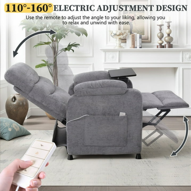 34" Chenille Power Recliner Chair with Side Support Stand, Side Pockets, Stepless Remote Control, Small Space Electric Recliner, 350 lb Capacity