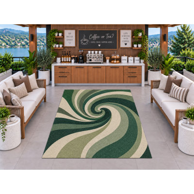 5' x 7' Outdoor Area Rug Green Cream Spiral Heavyweight Solid Waterproof PVC Coil Loop Carpet, Heavy Duty Patio Rug, Quick Dry Indoor Outdoor Mat for Kitchen Porch Deck Balcony Entryway.
