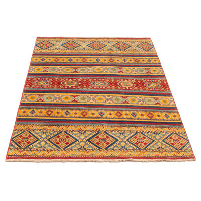 Tapis rouge / jaune en laine noué à la main de conception unique 5 pi x 6 pi 6 po New Age