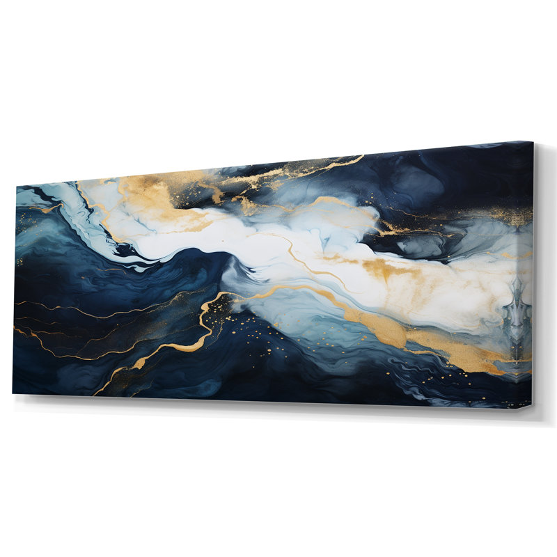 Or et bleu, peinture abstraite sur marbre IV - Art mural abstrait en marbre, Toile tendue, H 28 po x l 60 po x P 1,5 po