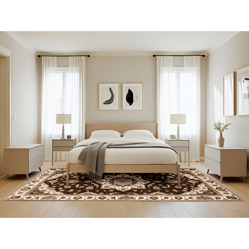 Machine Washable Tabriz Brown Area Rug, Rectangle 5' x 8'