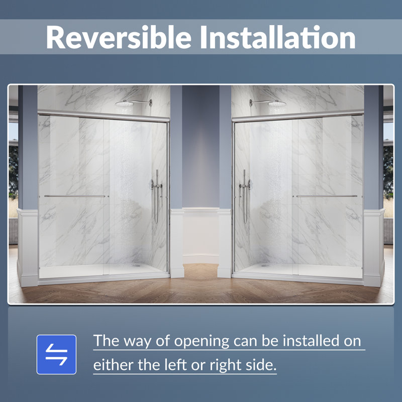  Porte de douche réversible double coulissante avec verre trempé transparent de 6 mm de largeur, l 60 po x H 72 po, Clair