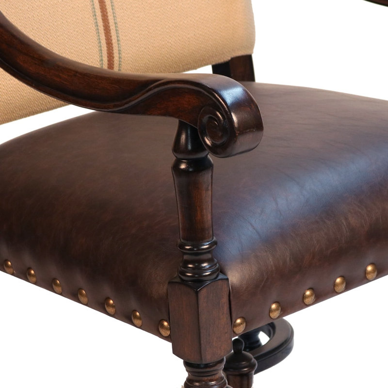 Upholstered Armchair, Dark Brown Wood, Cream/Beige/Brown Polyester Blend/Vinyl