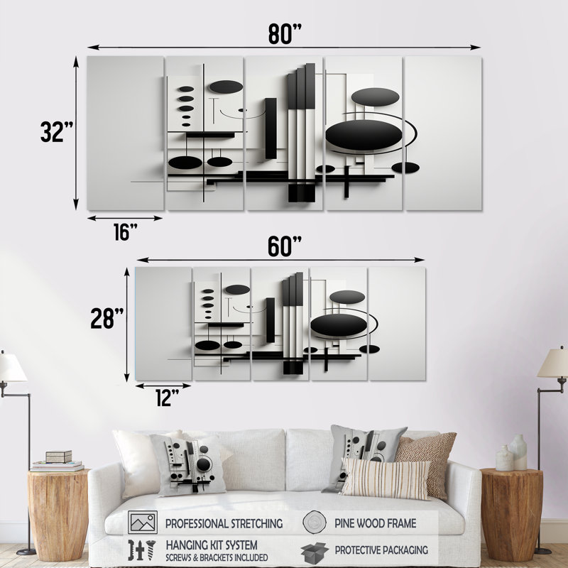«Geometric Essence Monochromes Balance II - Minimalisme», art mural sur toile 5 pièces, H 28 po x l 60 po