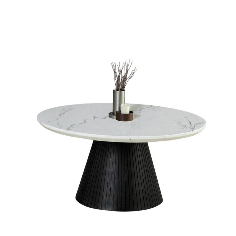 Table basse ronde de style contemporain avec plateau en faux marbre et base cylindrique