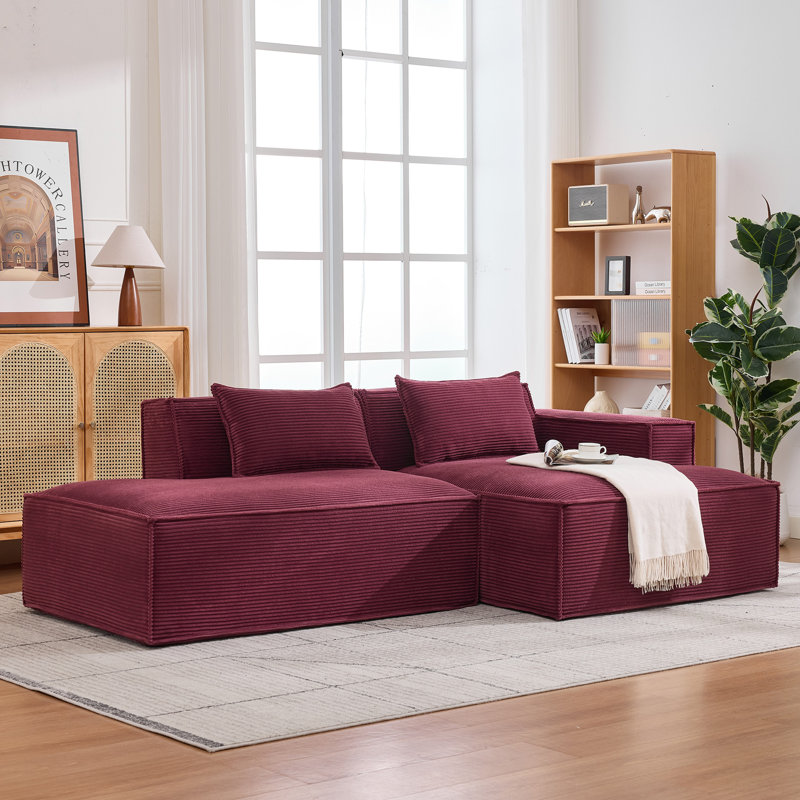 Canapé modulaire en velours côtelé à compression en L 92 po, canapé rembourré doux et désossé moderne avec jeté, aucun assemblage requis pour le salon