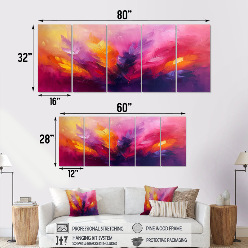 «Pink Yellow Feathered Fantasy III», ensemble d'art mural sur toile, H 28 po x l 60 po