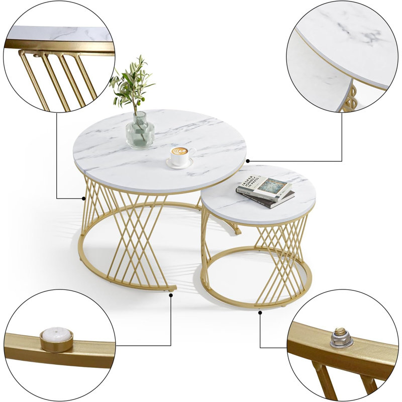 Round Coffee Table Set Of 2, Modern Coffee Tables For Living Room, Faux Marble Centre Table, Nesting Coffee Table Simple Nightstand