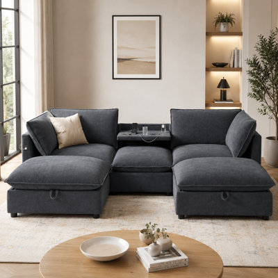 Canapé d'angle modulaire en forme de U de 250 cm avec 2 poufs de rangement, table rabattable, porte-gobelets, ports de chargement USB et Type-C, assise profonde en chenille de style nuage