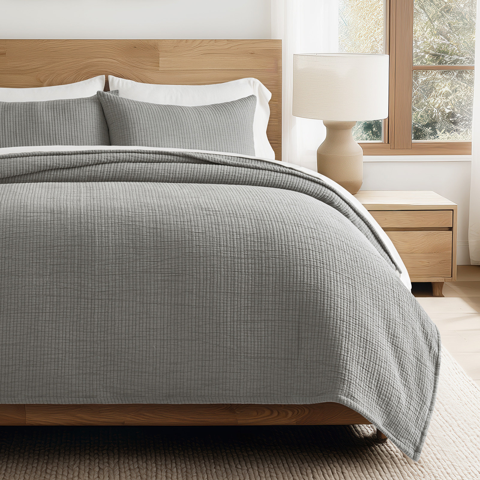Cotton Gauze Coverlet Set, King Quilt + 2 King Shams, Fog Gray