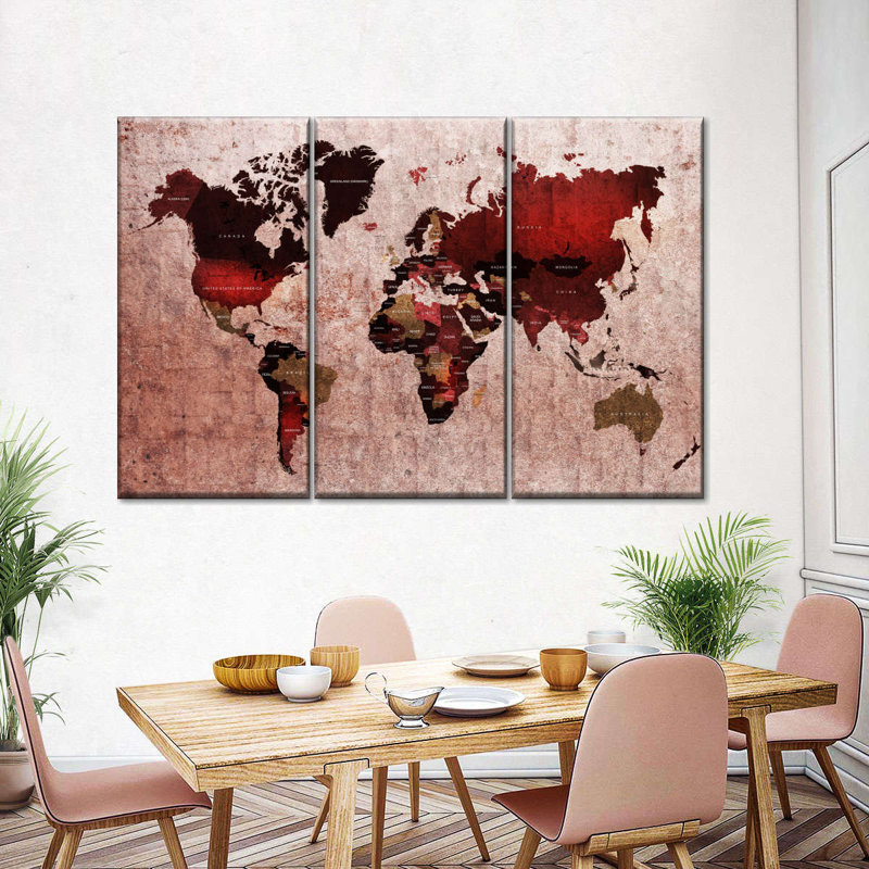 " Ruby World Map " 3 - Pieces, 24" H x 38" W x 1.25" D
