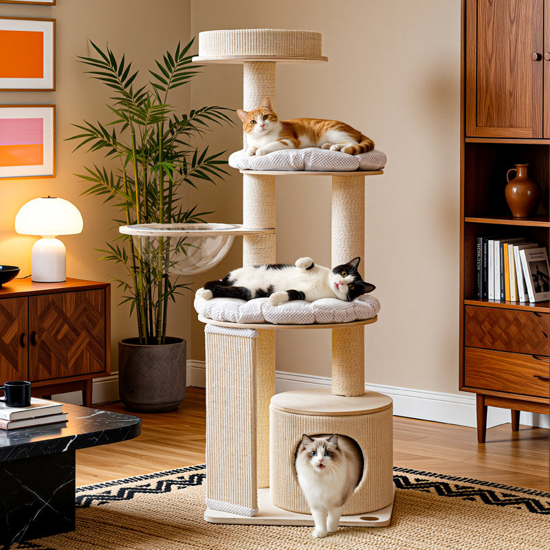 Heavy-Duty Solid Wood Cat Tree for Large Cats, 58"H, Cream