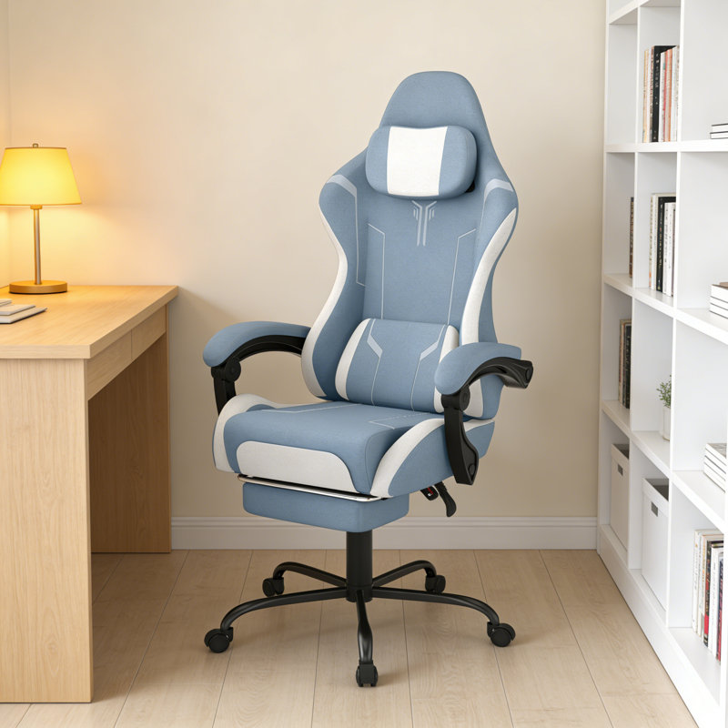 Rebrilliant Reclining and Adjustable Backrest-Height PC & Racing Game Chair, Blue, Linen fabric