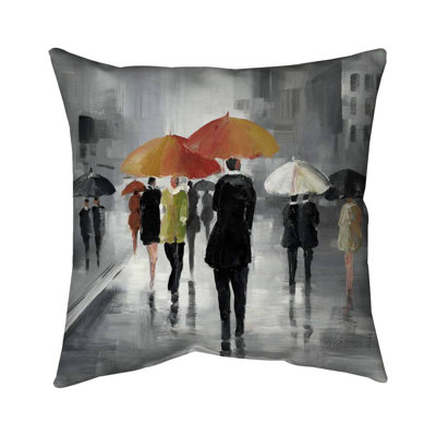 Gray Pillow - Street Scene with Umbrellas – Outdoor Throw Pillow with Insert, Weather-Resistant