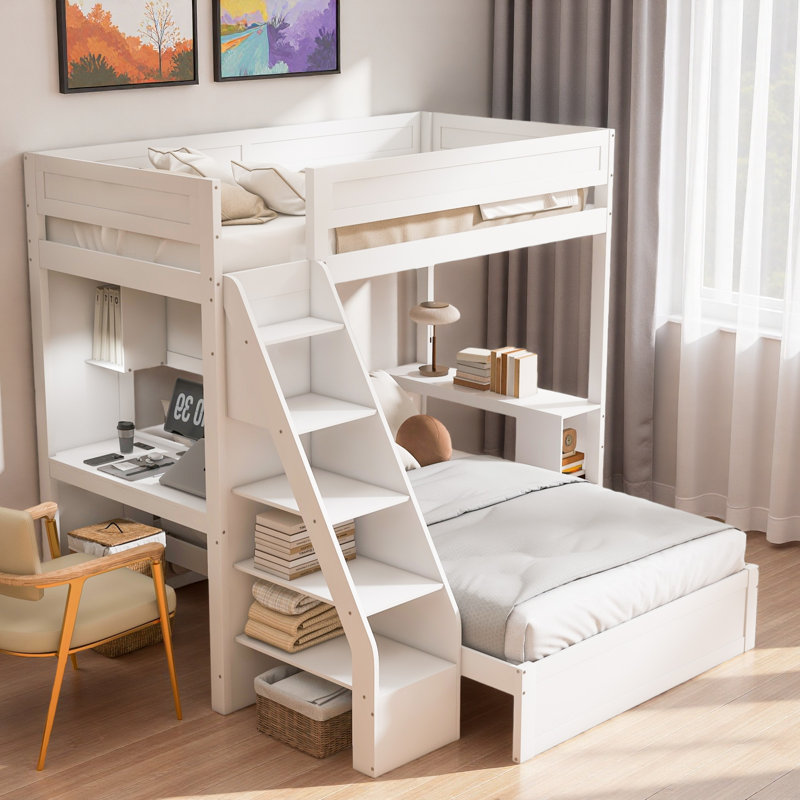 Lit superposé avec bureau et USB, Blanc
