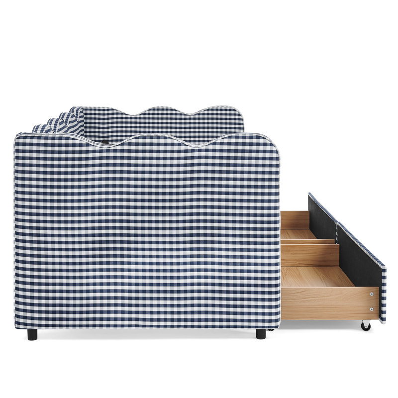 Lit de jour simple en vichy douillet avec deux tiroirs de rangement, avec port USB et adorable tissu en forme de vague
