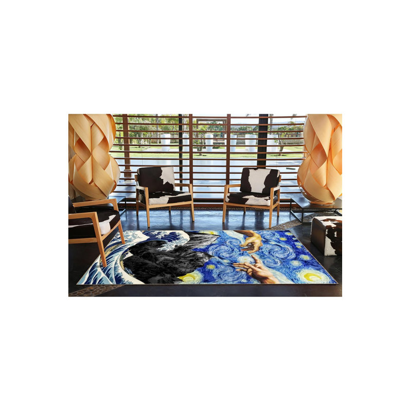 Tapis bleu délavé à motif main et montagne, Rectangle 3 pi 11 po x 5 pi 11 po