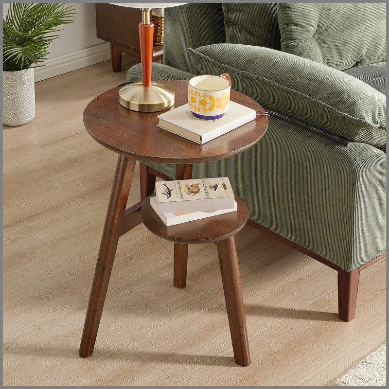 Table d'appoint 100% bois massif à 2 niveaux Table d'appoint de salon, table de chevet, table de bout ronde en bois massif, petite table d'appoint à 2 niveaux avec tablette de rangement inférieure