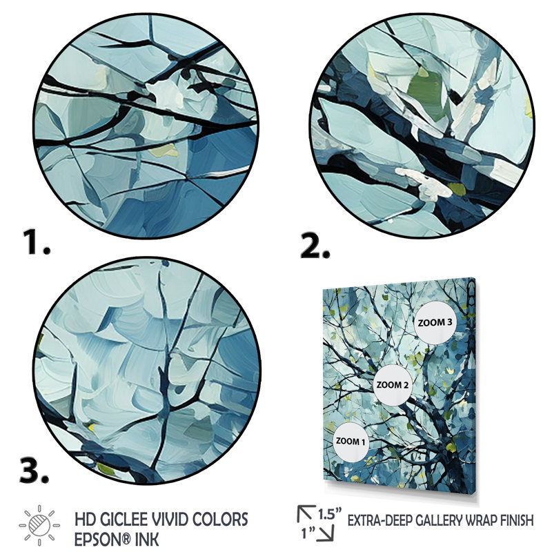 «Blue Springtime Basswood Tree», art mural arbre, Cadre flottant doré, H 20 po x l 12 po x P 1 po