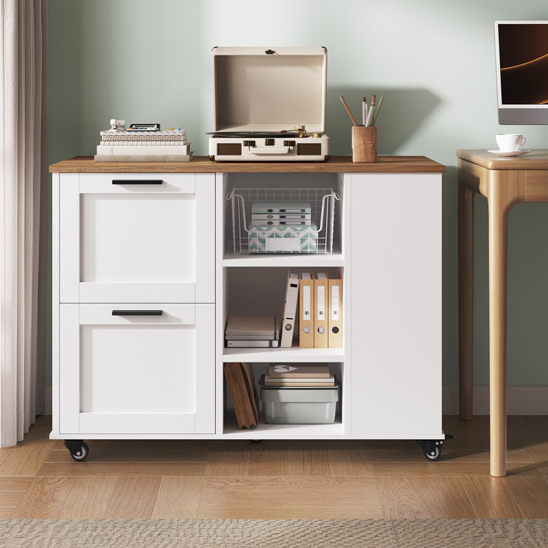 Lateral File Cabinet, Printer Stand With File Drawers And Open Shelves, 2-drawer Mobile Lateral Filing Cabinet With Locking Casters