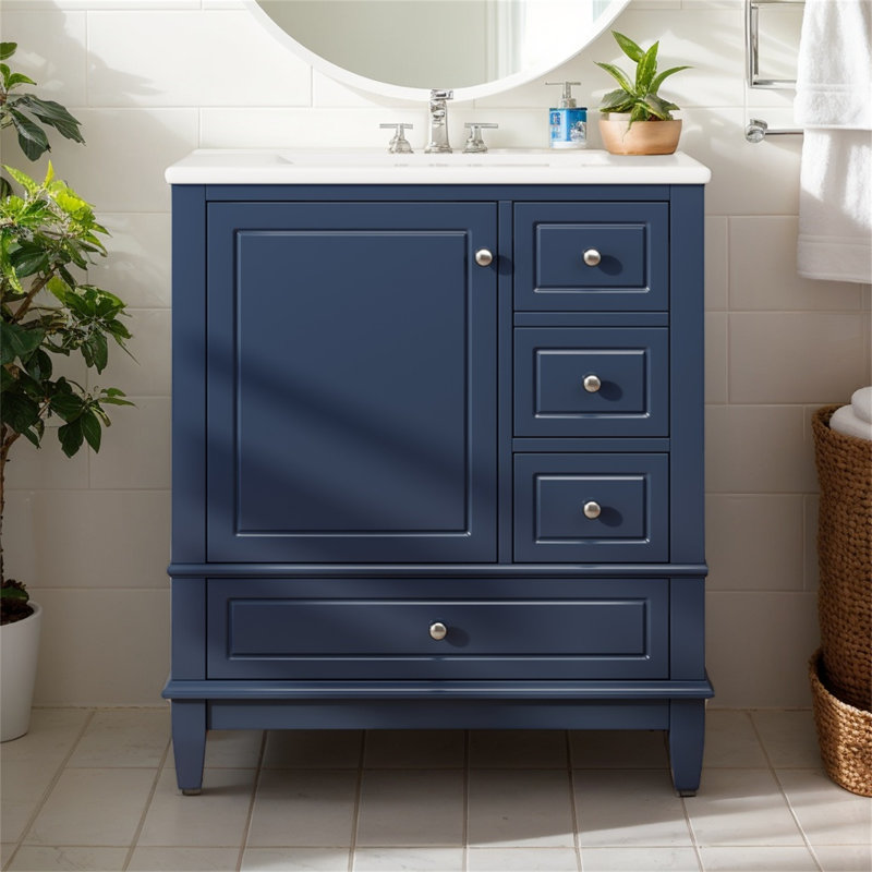 Meuble-lavabo moderne avec lavabo - Conception autoportante compacte, une porte à fermeture douce avec tablette et trois tiroirs