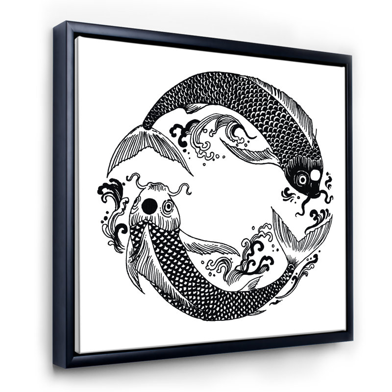 Poisson koi chinois dans un style chinois III - Impression sur toile, H 30 po x l 30 po x P 1 po, Cadre flottant noir