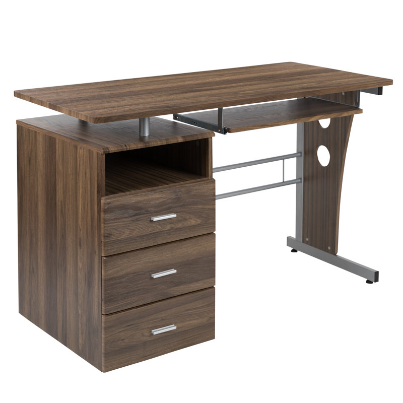 Picabo Computer Desk with Three Drawer Single Pedestal and Pull-Out Keyboard Tray, Rustic Walnut