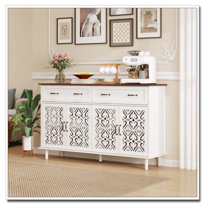 Buffet rétro avec portes géométriques sculptées à la main, finition bois clair vieilli, Blanc + noyer