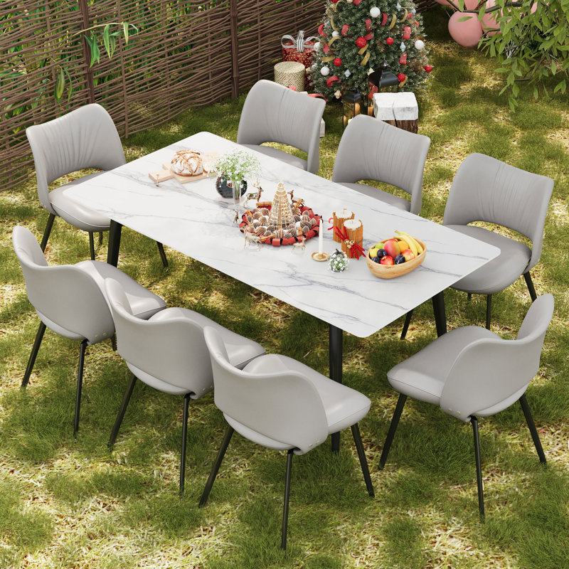 Ensemble de table de salle à manger et de chaise de cuisine en pierre frittée blanche 9 pièces Abshure