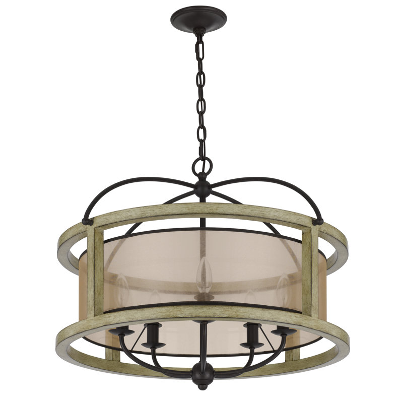 Lustre tambour 5 lumières avec détails en bois