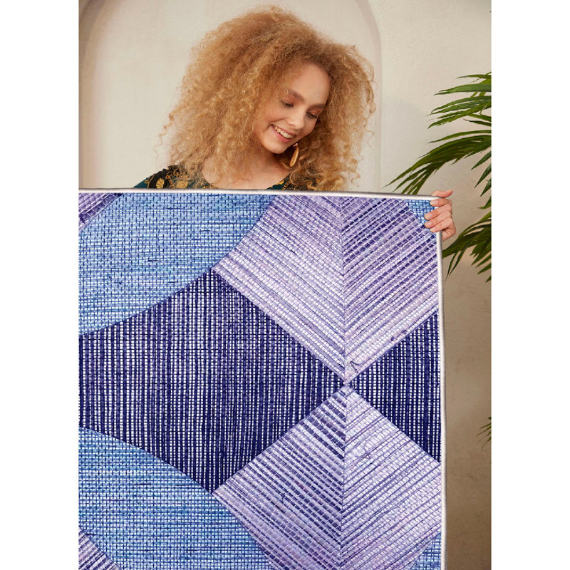 100% Cotton Carpet (23.6 x 39.4 inches), Antibacterial, Non-Slip PVC Underside, 1.4 lbs, Pile Height: 0.4 inches, Machine Washable | Ideal for Living Room & Bedroom, Elegant Purple, Lilac & Blue Design, Durable & Safe