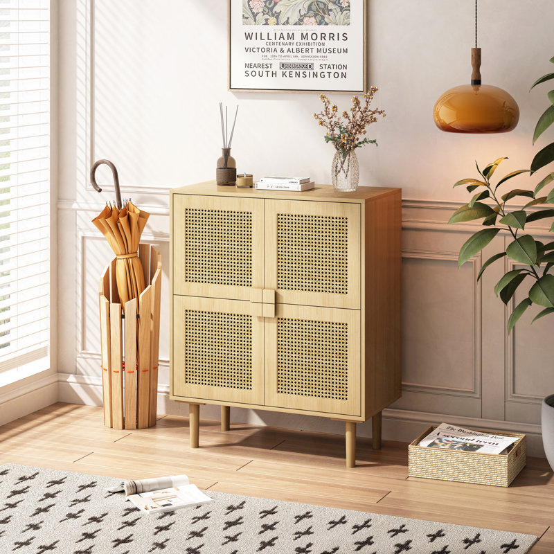 4-Doors Rattan Mesh Storage Cabinet, Natural Wood