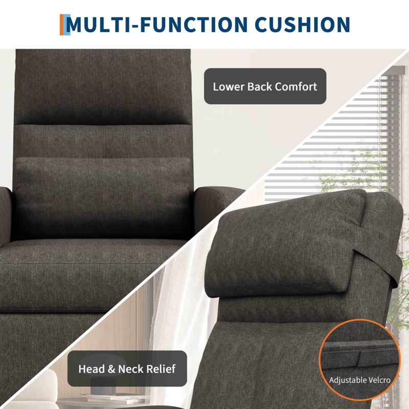 Fauteuil inclinable électrique en lin avec chaleur, massage, charge USB, dossier haut et poches latérales pour un confort quotidien dans le salon