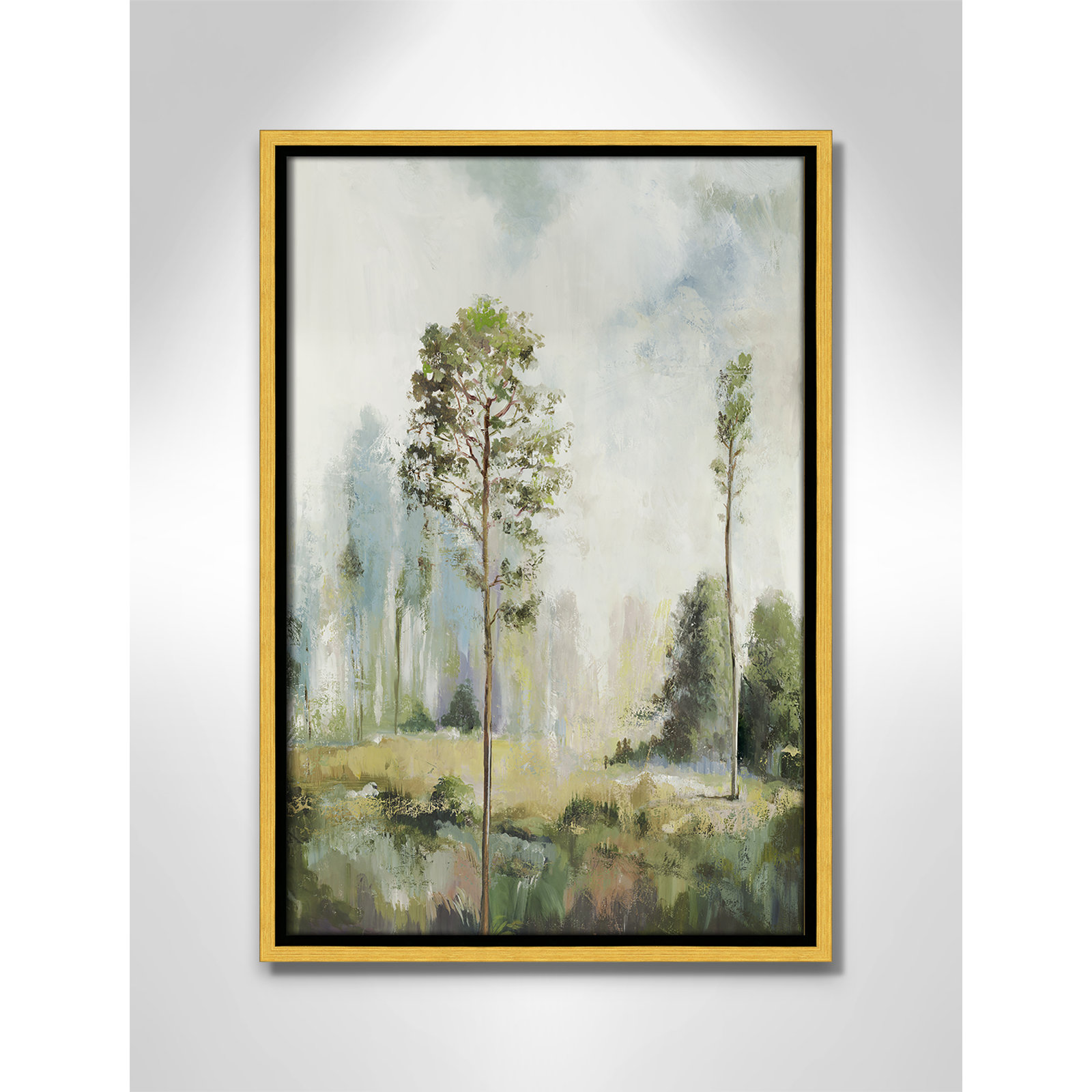 Tall Green Trees I by Teton Pearce - Floater Frame Print on Canvas, 19.5" H x 13.5" W, Gold