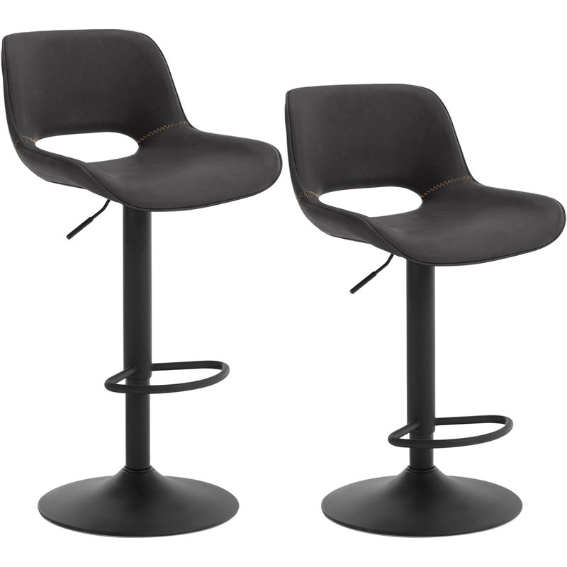 Raekwon Swivel Upholstered Faux Leather Adjustable Height Bar Stool with Iron Frame, Black, 2