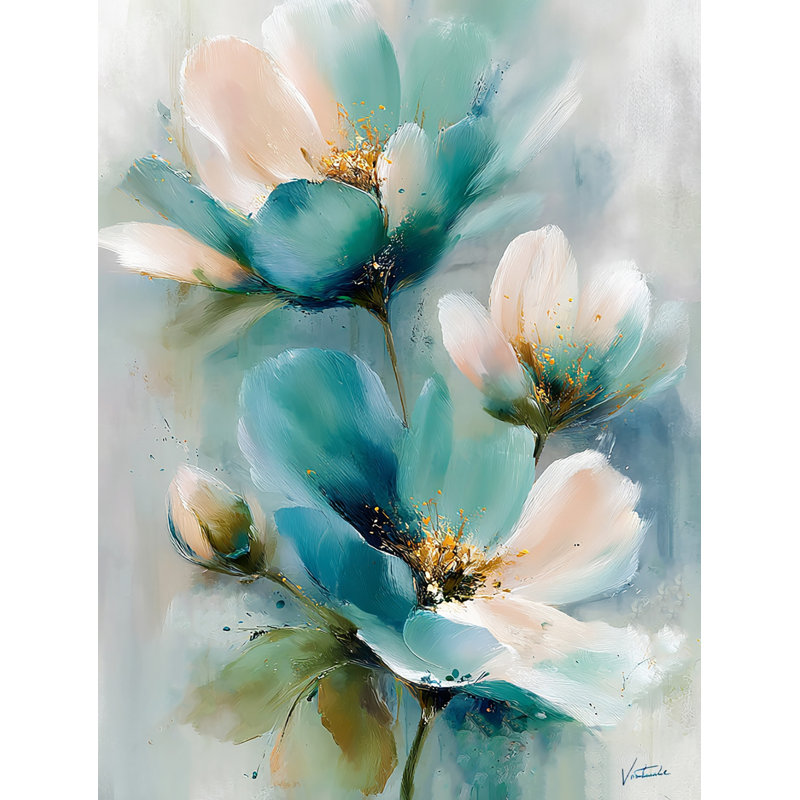 Floral Daydream - Elegant Abstract Teal Blossom Wall Art, 24" H x 16" W
