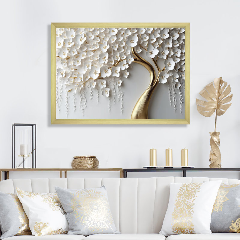 Orchidée blanche et dorée, jardin de branches IV - impression d'art mural floral (sans texture), H 30 po x l 40 po, Doré