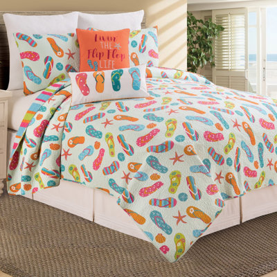 Flip Flop Life Pink/Blue/Green/Orange Reversible Quilt Set