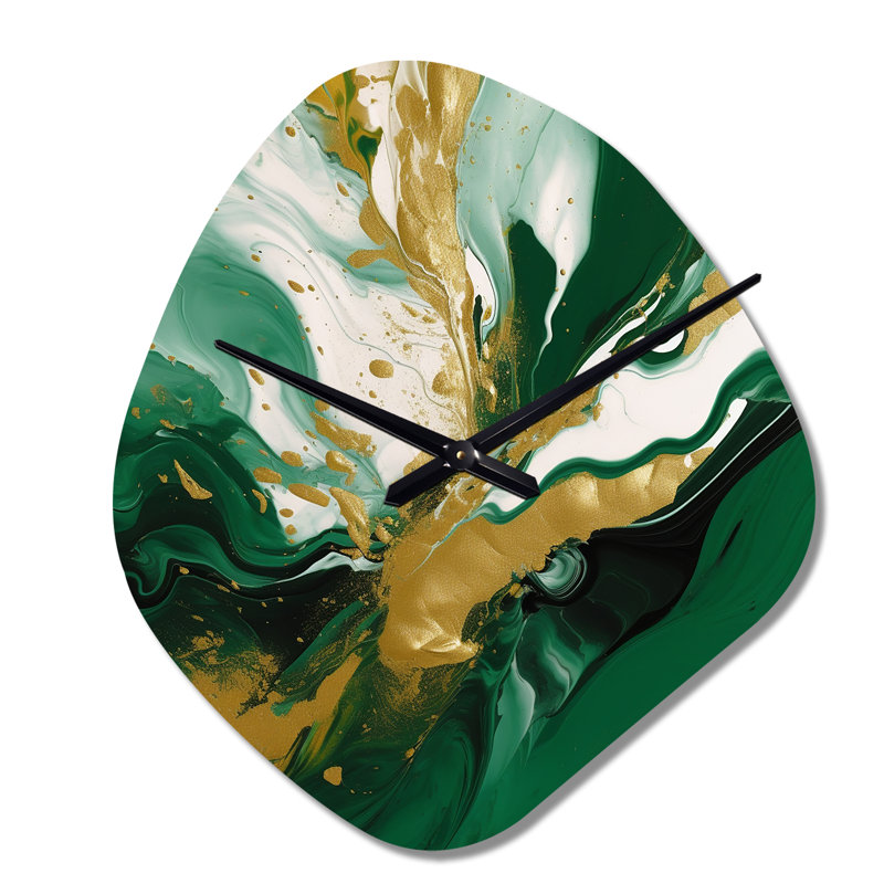 Vert et or liquide Magic II - horloge murale abstraite de forme unique en métal, impression d'horloge murale moderne de forme libre