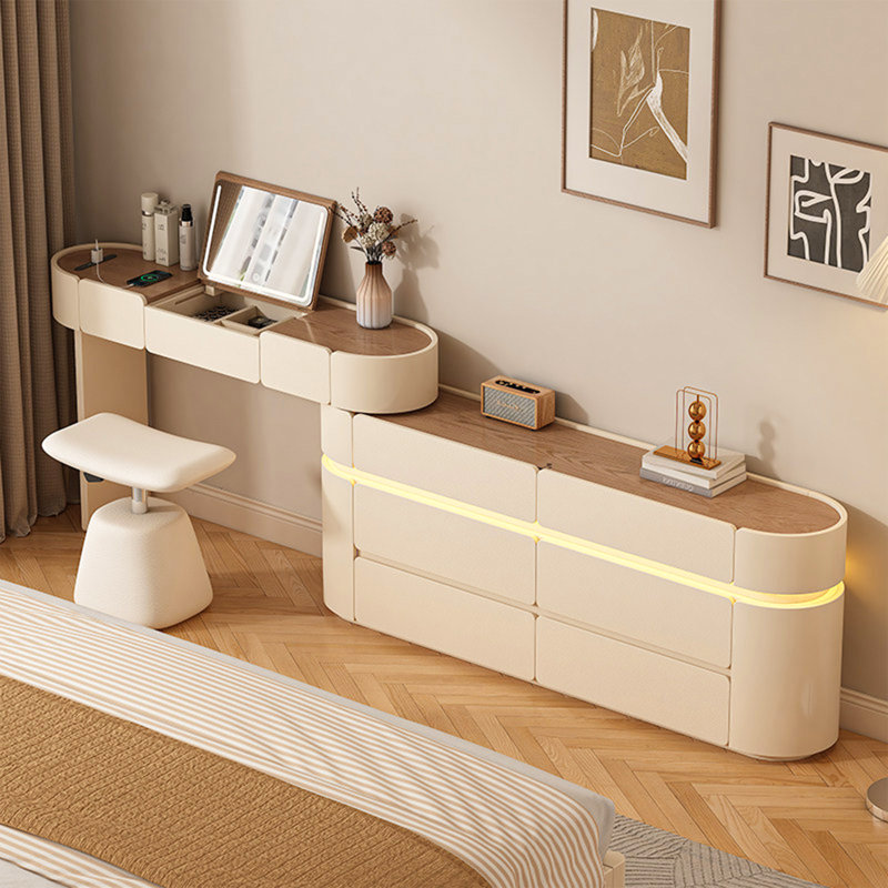 Meuble-lavabo moderne extensible avec miroir à DEL 3 couleurs, table de maquillage réversible en bois massif avec 8 tiroirs et station de charge intégrée, crème et noyer