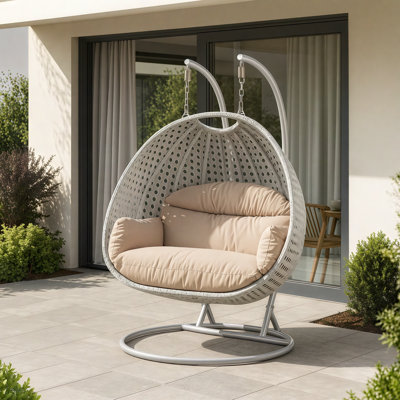 Fauteuil d'œuf d'extérieur en osier pour 2 personnes avec support et coussins Mendoza - Double balancelle suspendue résistante aux rayons UV pour patio et jardin